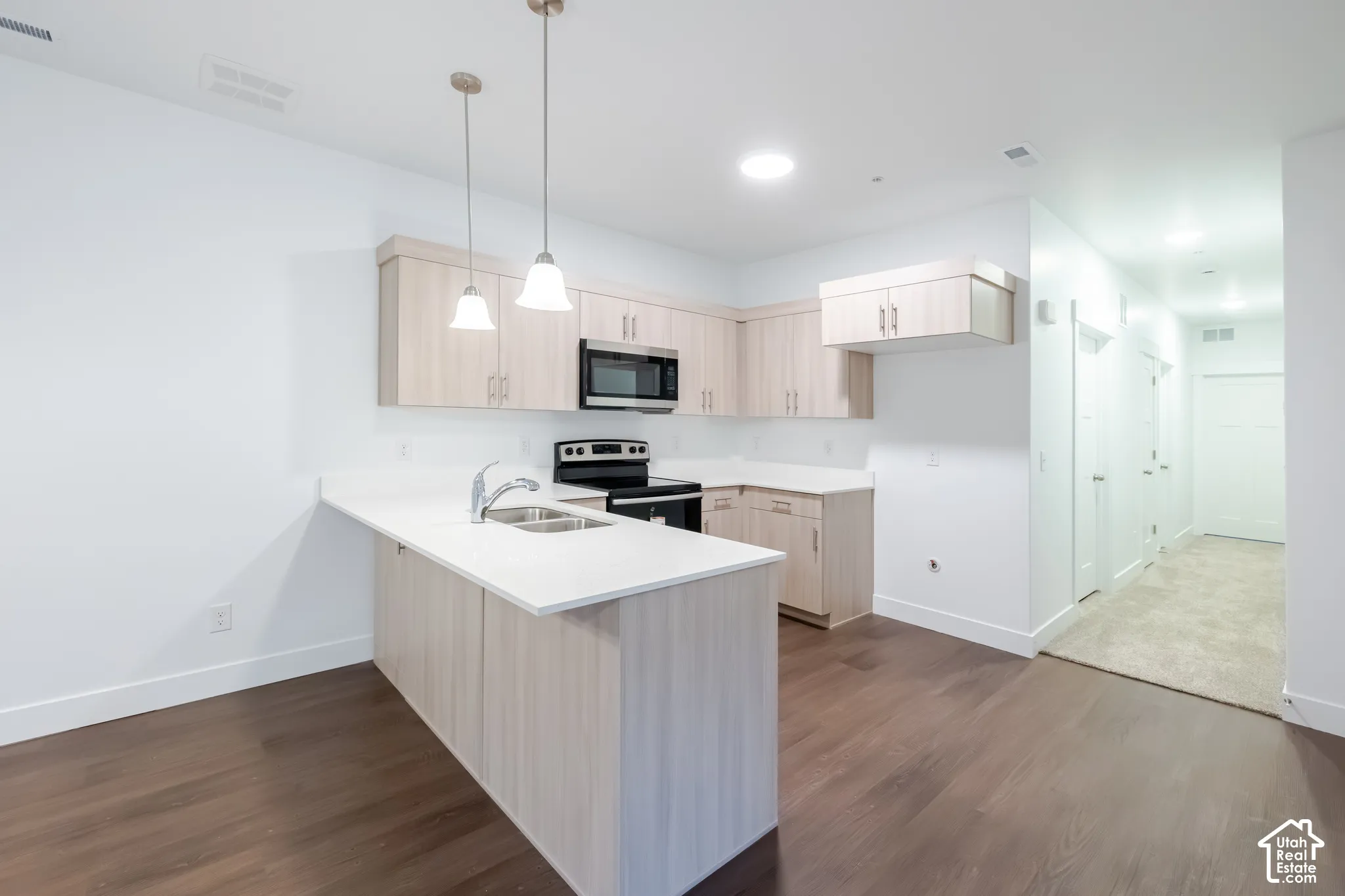 Kitchen featuring light wood-finish cabinetry, white countertops, a stainless steel dual-basin sink, pendant lighting, and dark wood-finish flooring