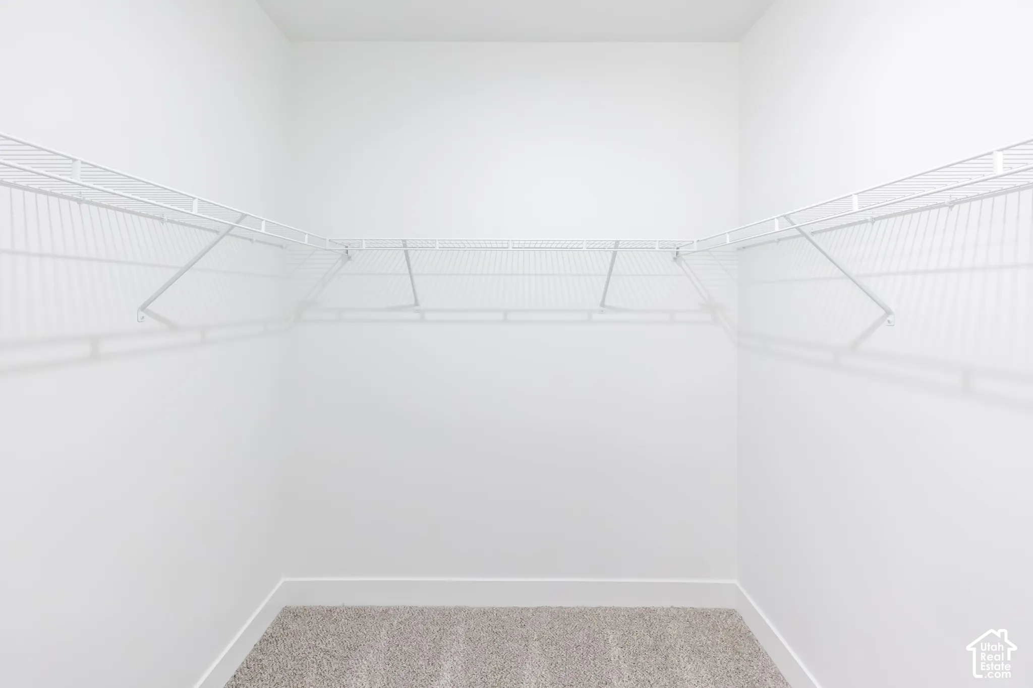Walk-in storage area featuring neutral-tone carpeting and white wire shelving