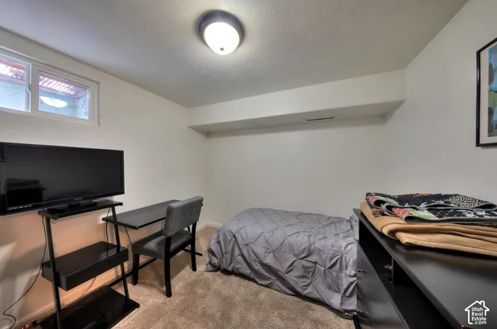 3rd Bedroom with light colored carpet and a textured ceiling