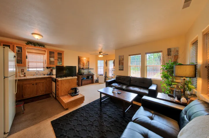 Apartment Living area featuring light carpet and ceiling fan