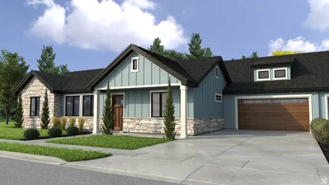 View of front of house featuring stone siding, board and batten siding, concrete driveway, and a garage