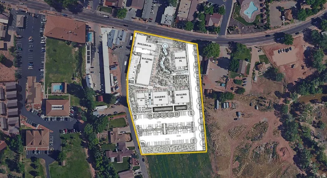 Aerial overview of property's location with property boundaries highlighted