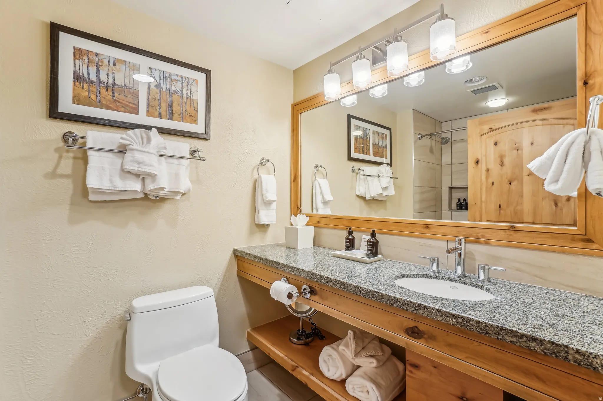 Bathroom with vanity and a shower