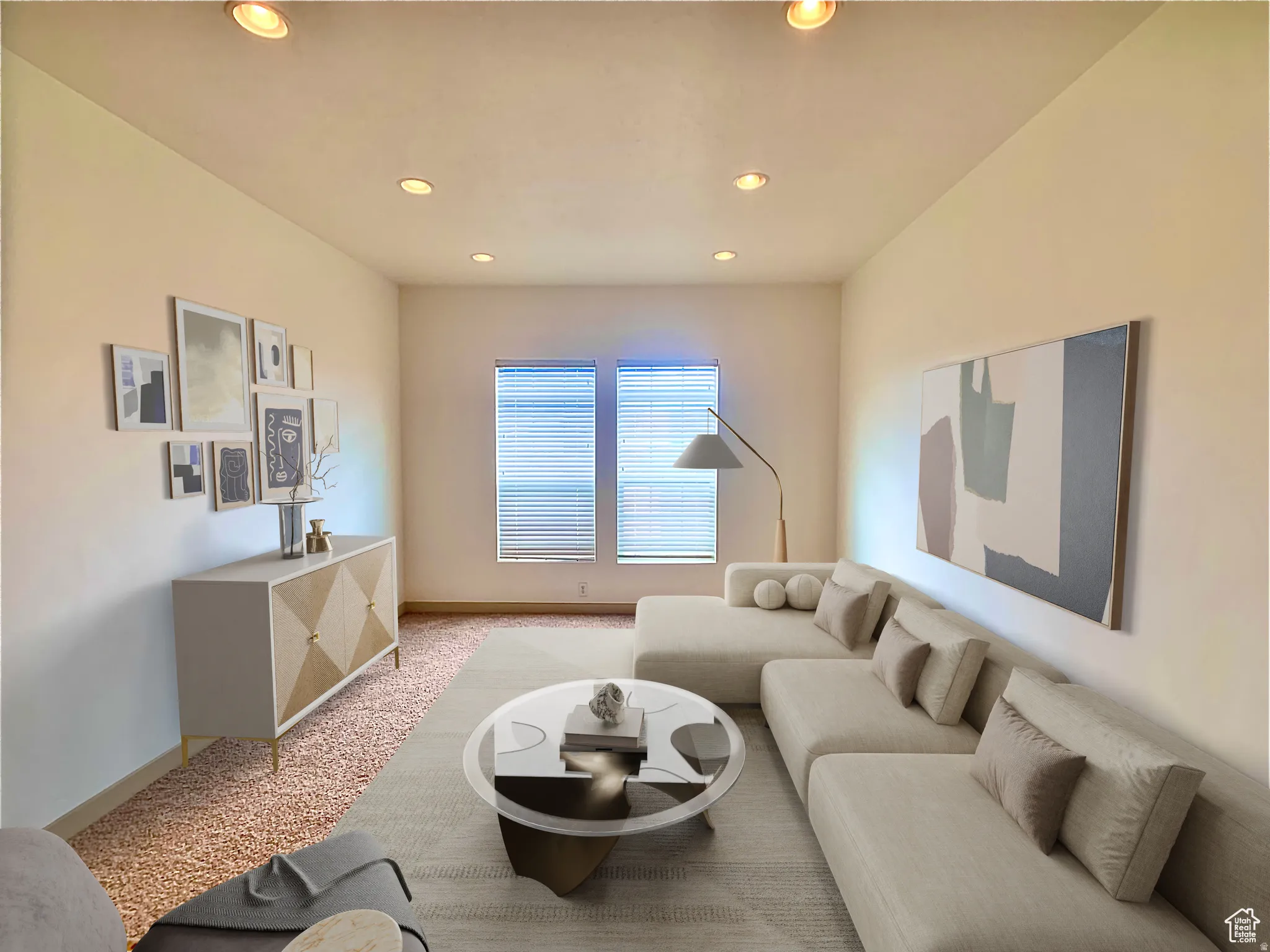 Living area featuring recessed lighting and carpet floors