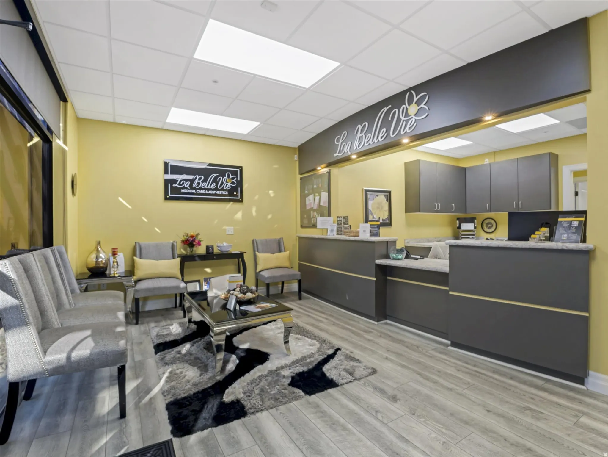 Welcome area featuring a drop ceiling