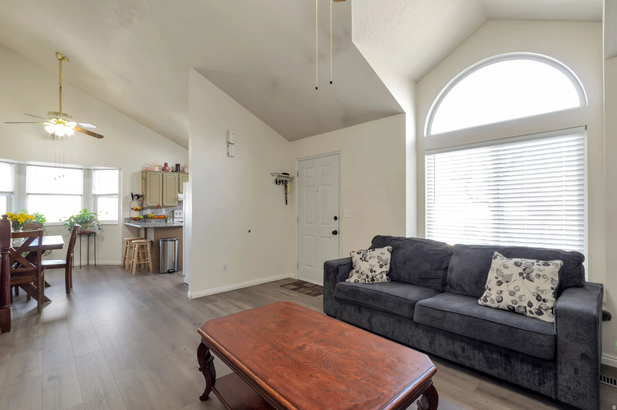 Living room with a ceiling fan, vaulted ceiling, and light wood-type flooring