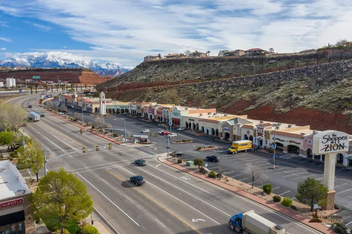 Aerial view of a commercial area and mountains