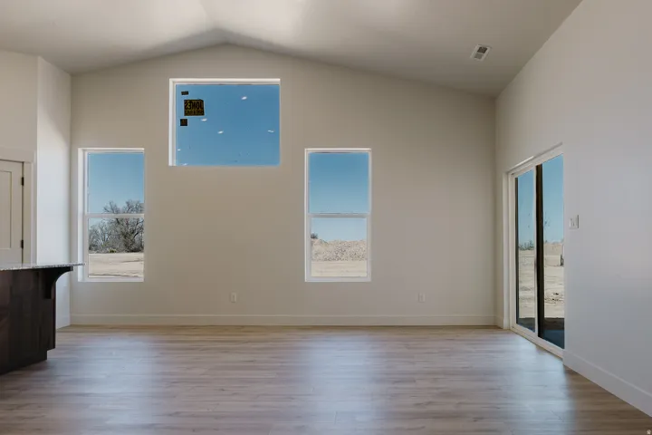 Unfurnished room with light wood-style flooring, plenty of natural light, and a high ceiling
