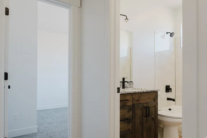 Full bathroom with vanity, light carpet, and shower / bathtub combination