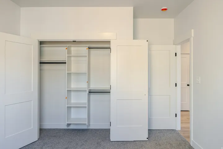 Unfurnished bedroom featuring light colored carpet and a closet