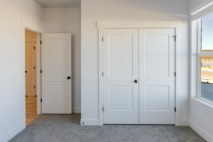 Unfurnished bedroom with carpet and a closet