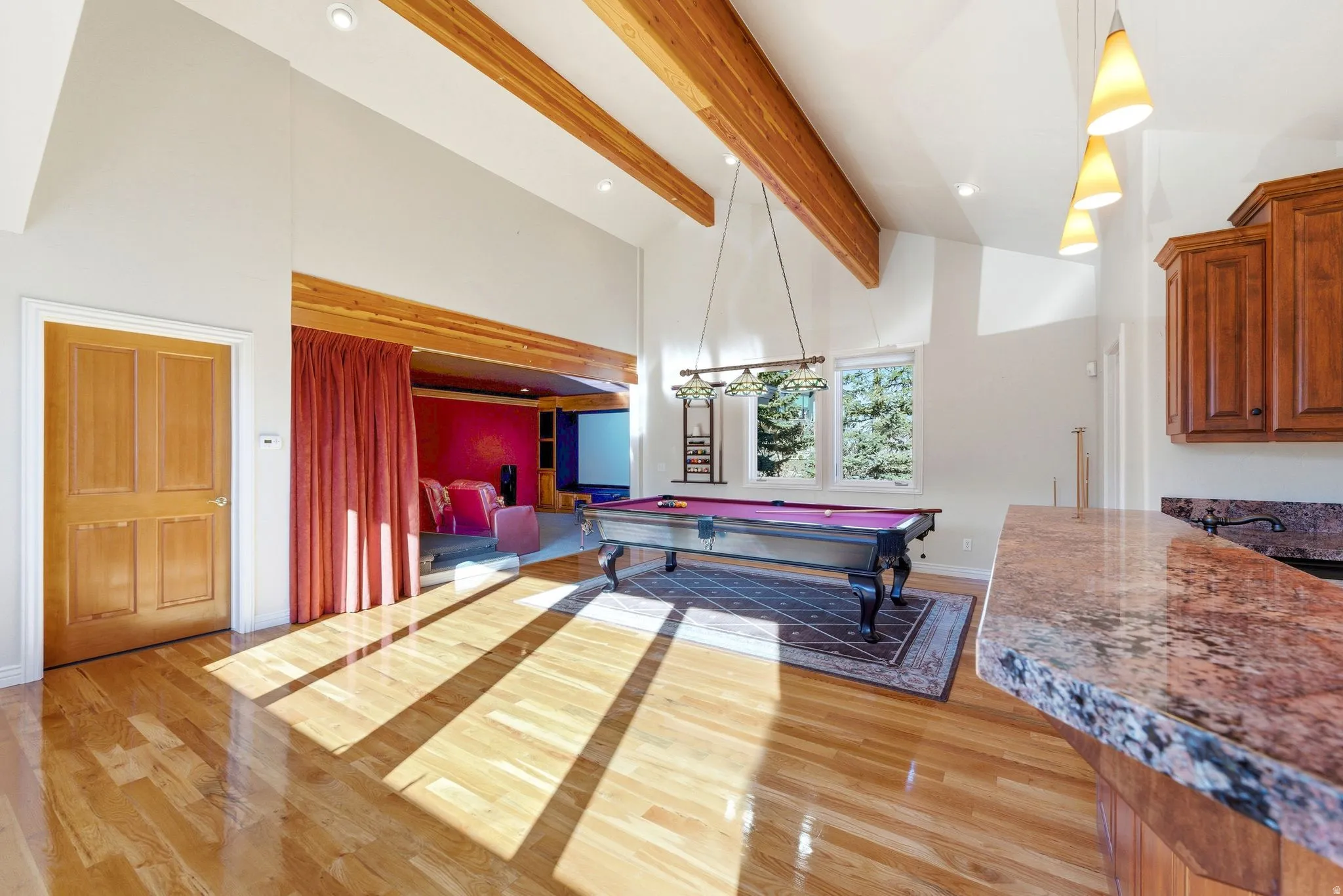 Playroom with billiards, light wood-style flooring, lofted ceiling, and recessed lighting
