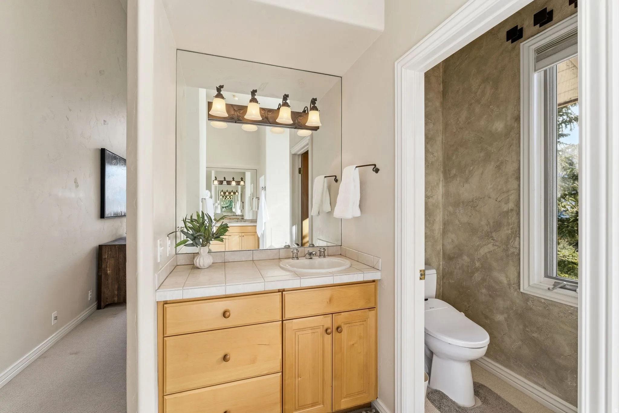 Bathroom with vanity and healthy amount of natural light