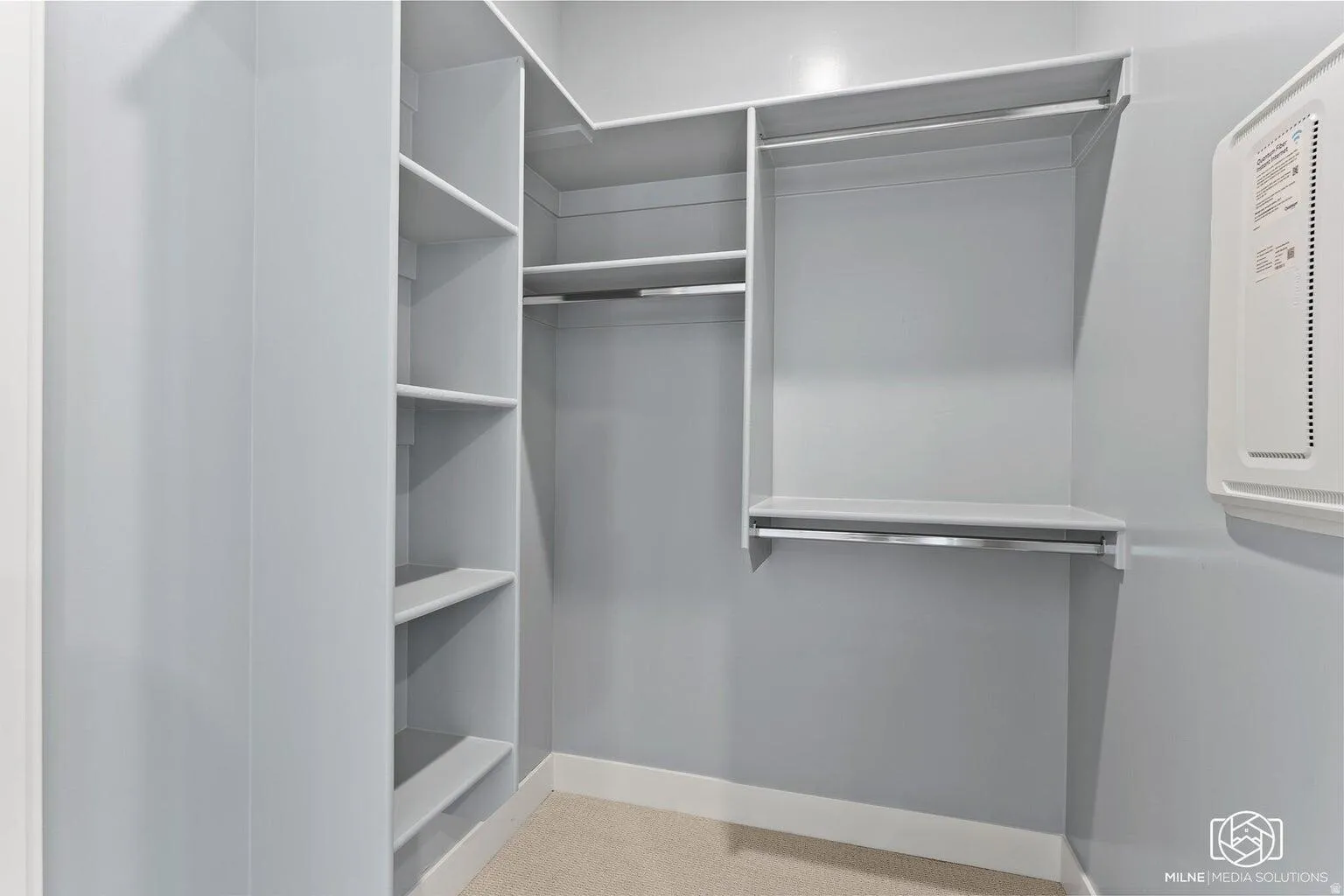 Walk in closet featuring light colored carpet