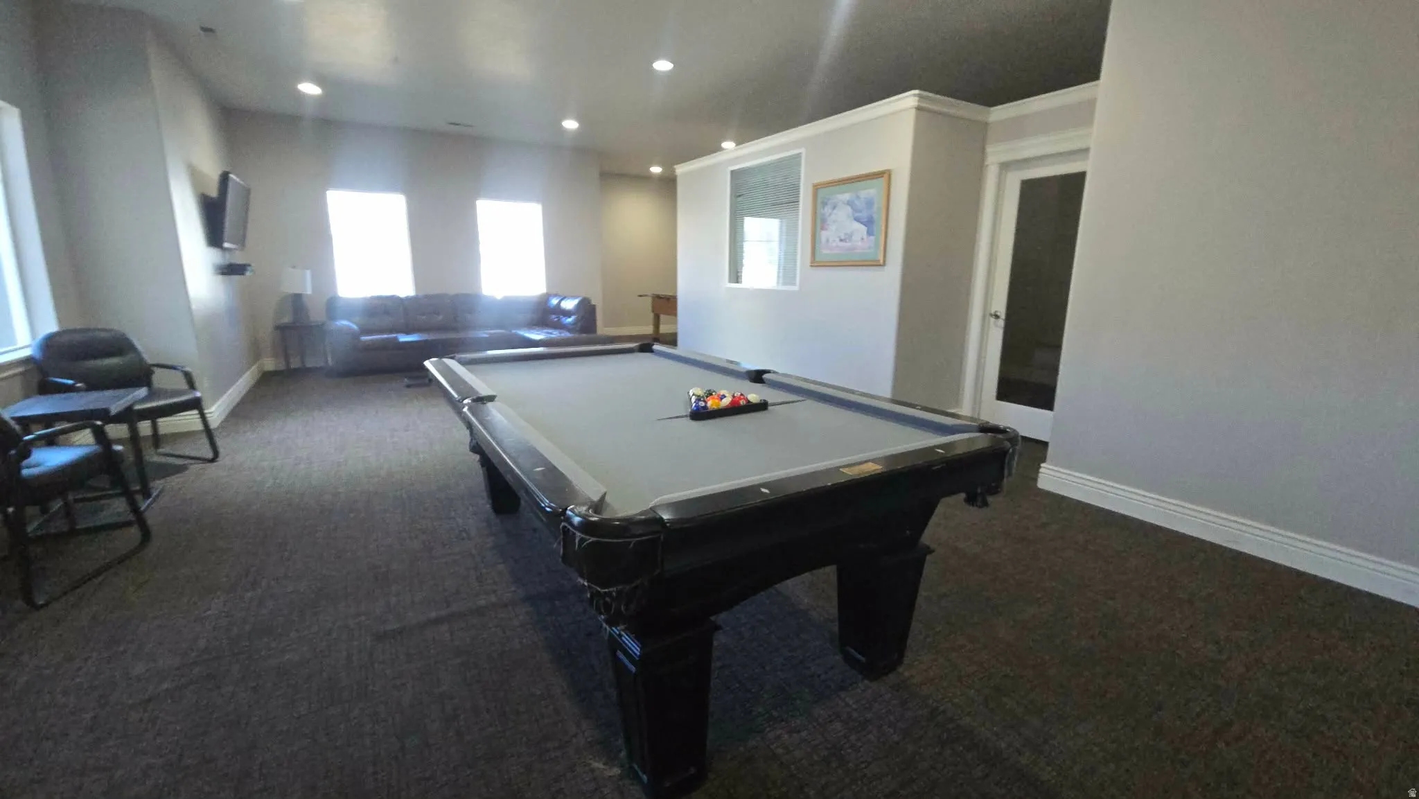 Playroom with billiards table, carpet flooring, and recessed lighting
