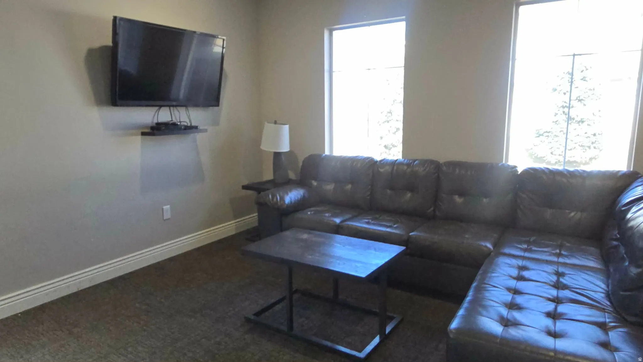 Living room with baseboards and dark colored carpet