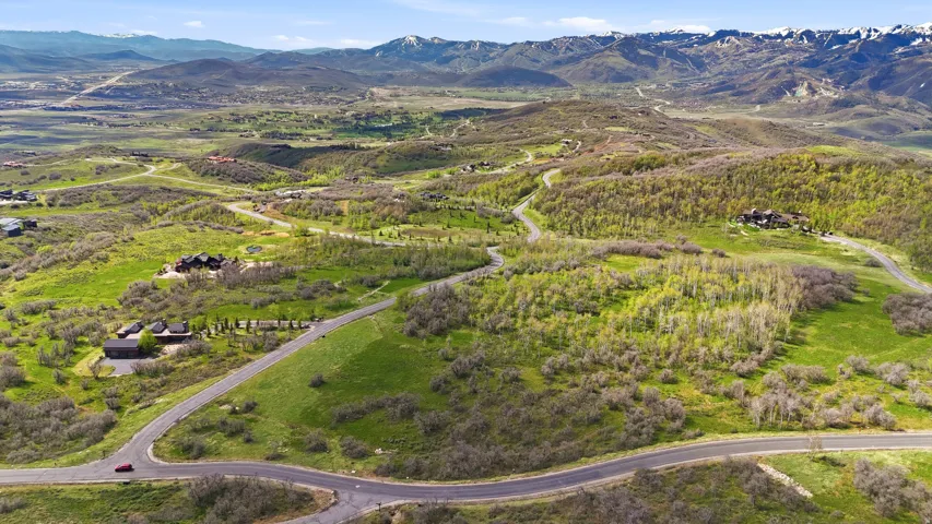 Expansive mountainous landscape featuring winding paved roads, varied topography, lush green foliage, and distant snow-capped peaks