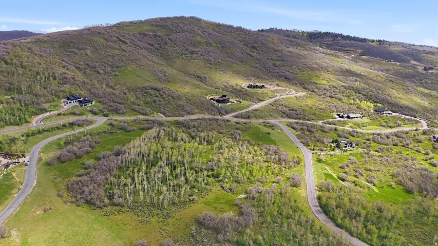 Expansive mountain landscape featuring paved roads and several contemporary residences nestled into the hillside