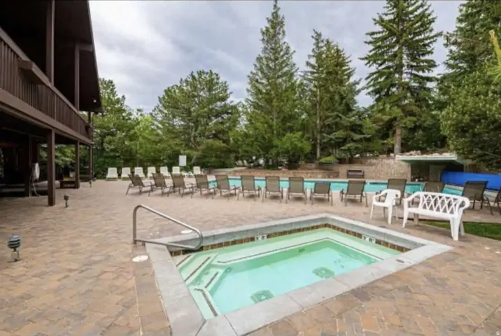Community pool featuring a patio and a hot tub