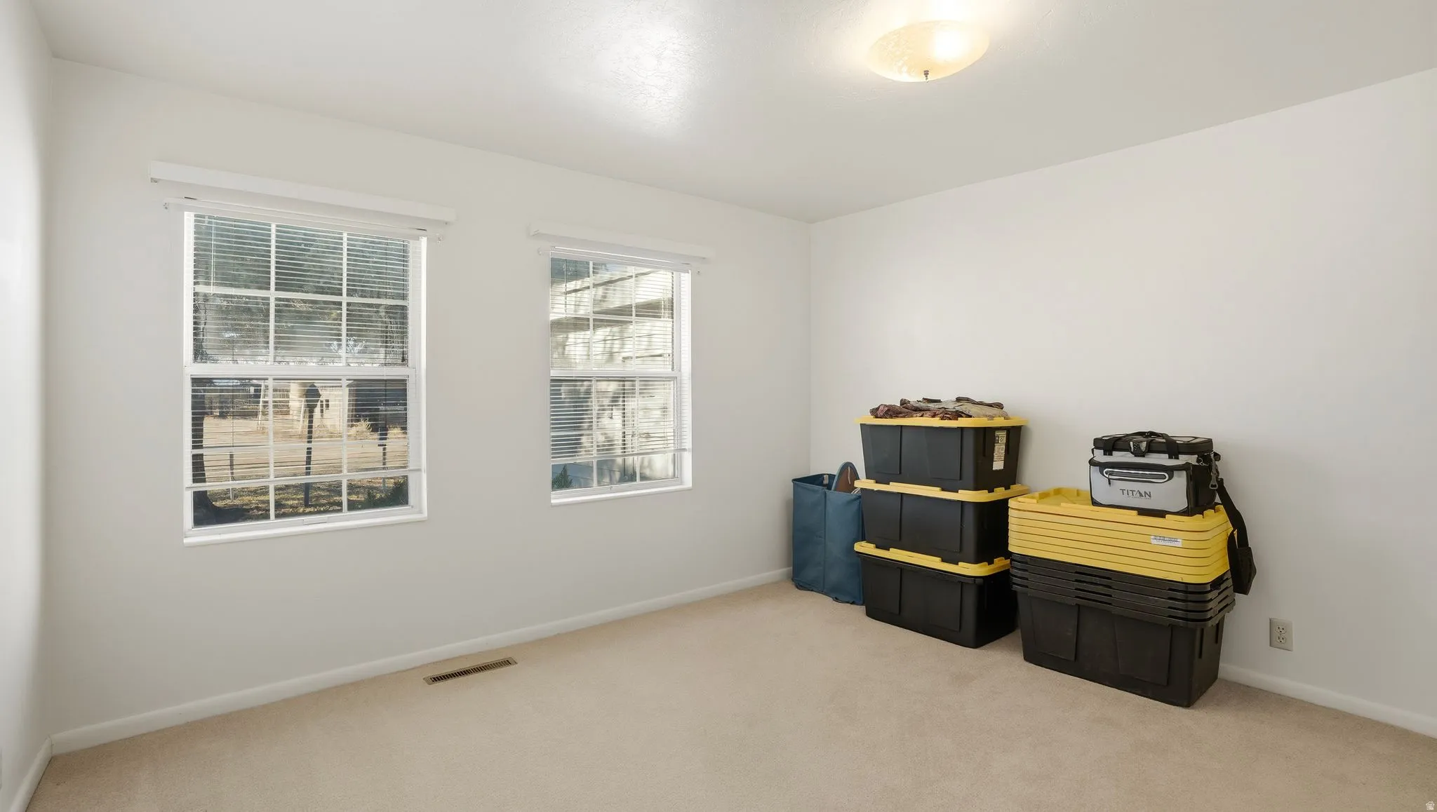 Misc room with light colored carpet and baseboards