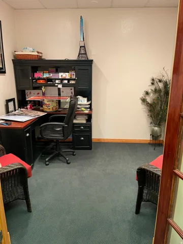 Office space featuring carpet floors and a paneled ceiling