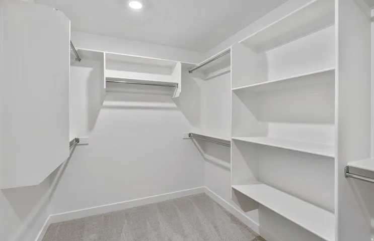 Owner's walk-in closet featuring light colored carpet