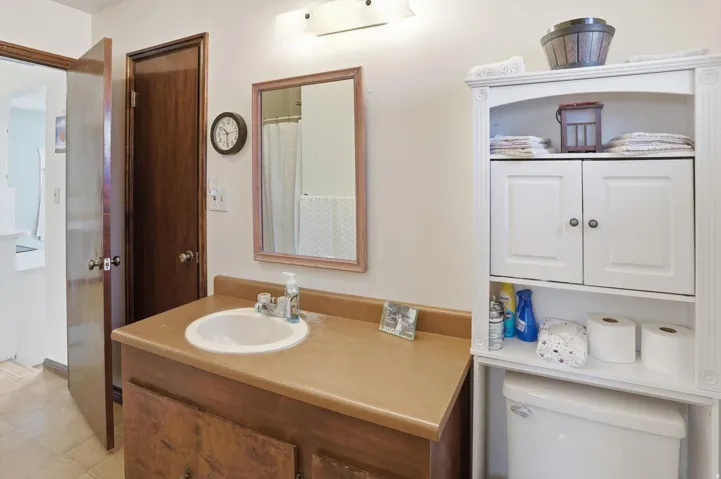 Three quarter primary walk thru bath featuring a shower with curtain and vanity.