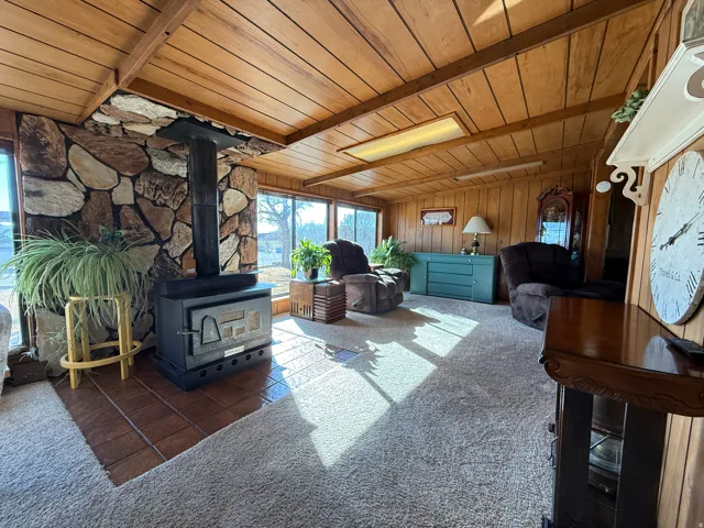 Living room featuring carpet flooring, wooden ceiling, a wood stove, healthy amount of natural light, and wooden walls