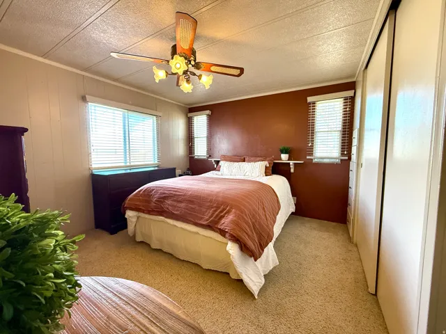 Bedroom featuring ceiling fan, carpet floors, a textured ceiling, and a closet