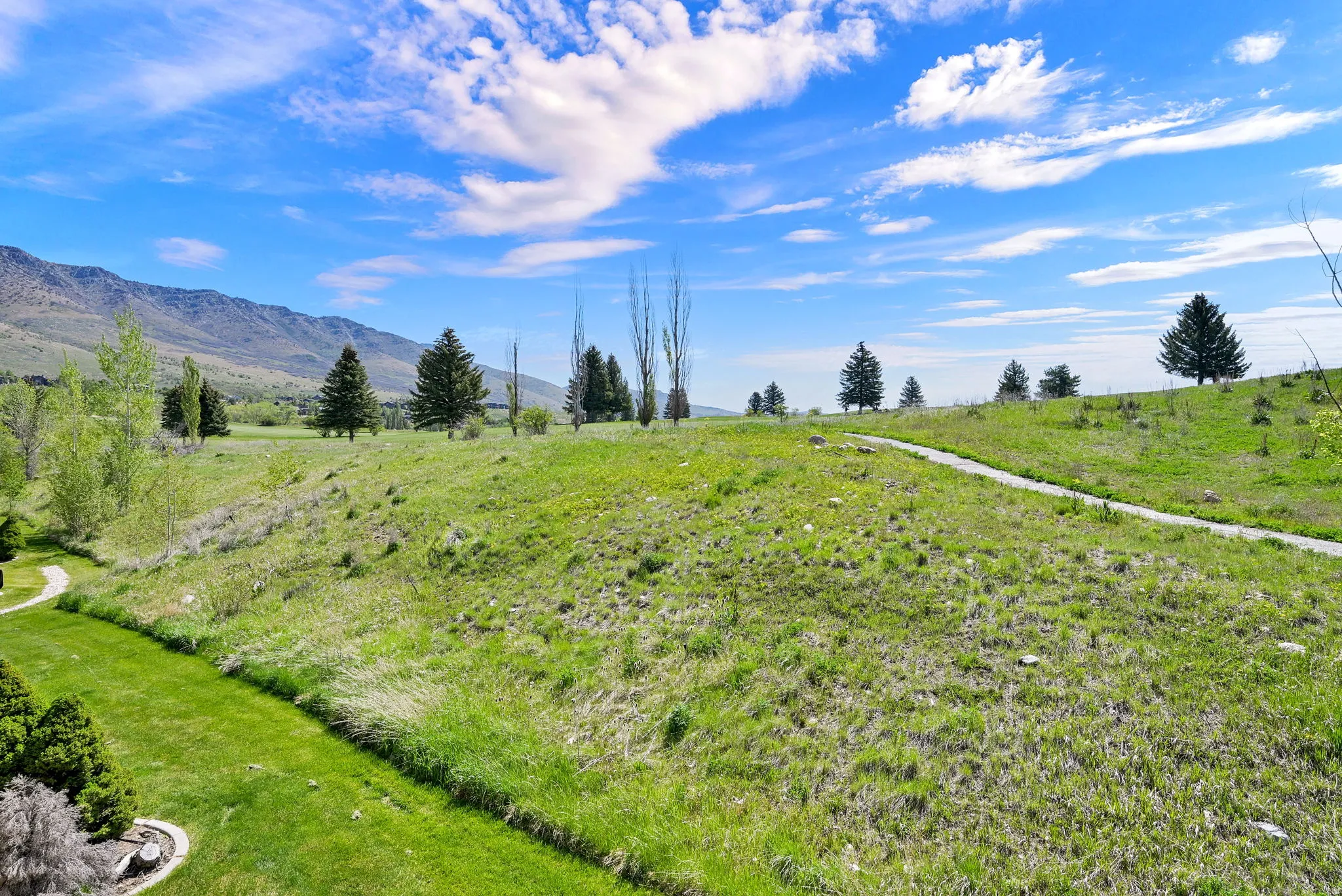 Expansive green landscape featuring rolling hills and distant mountains