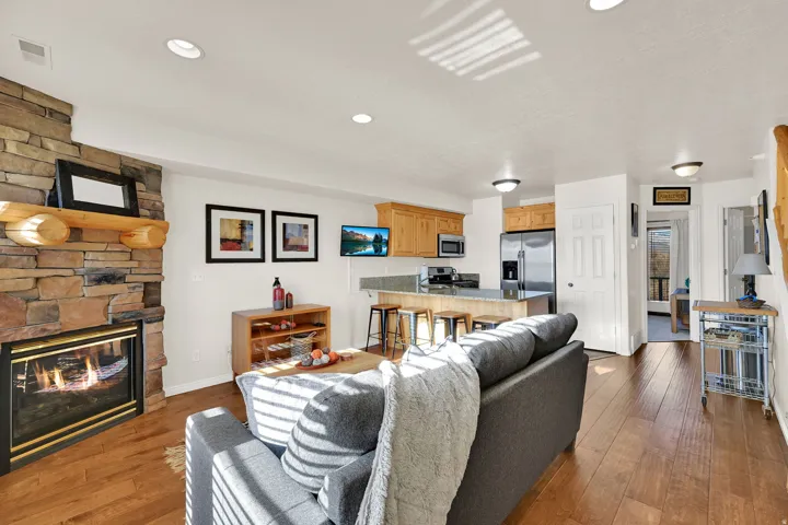 Living room featuring dark wood-style floors, a stone fireplace, and recessed lighting