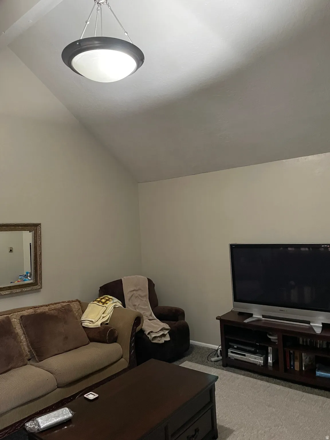 Living room with lofted ceiling and light colored carpet
