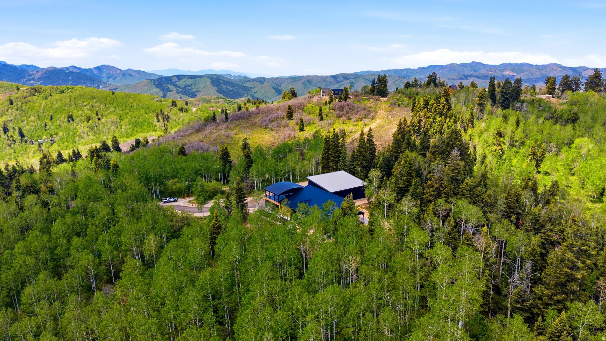 Modern mountain residence nestled among extensive mature trees.