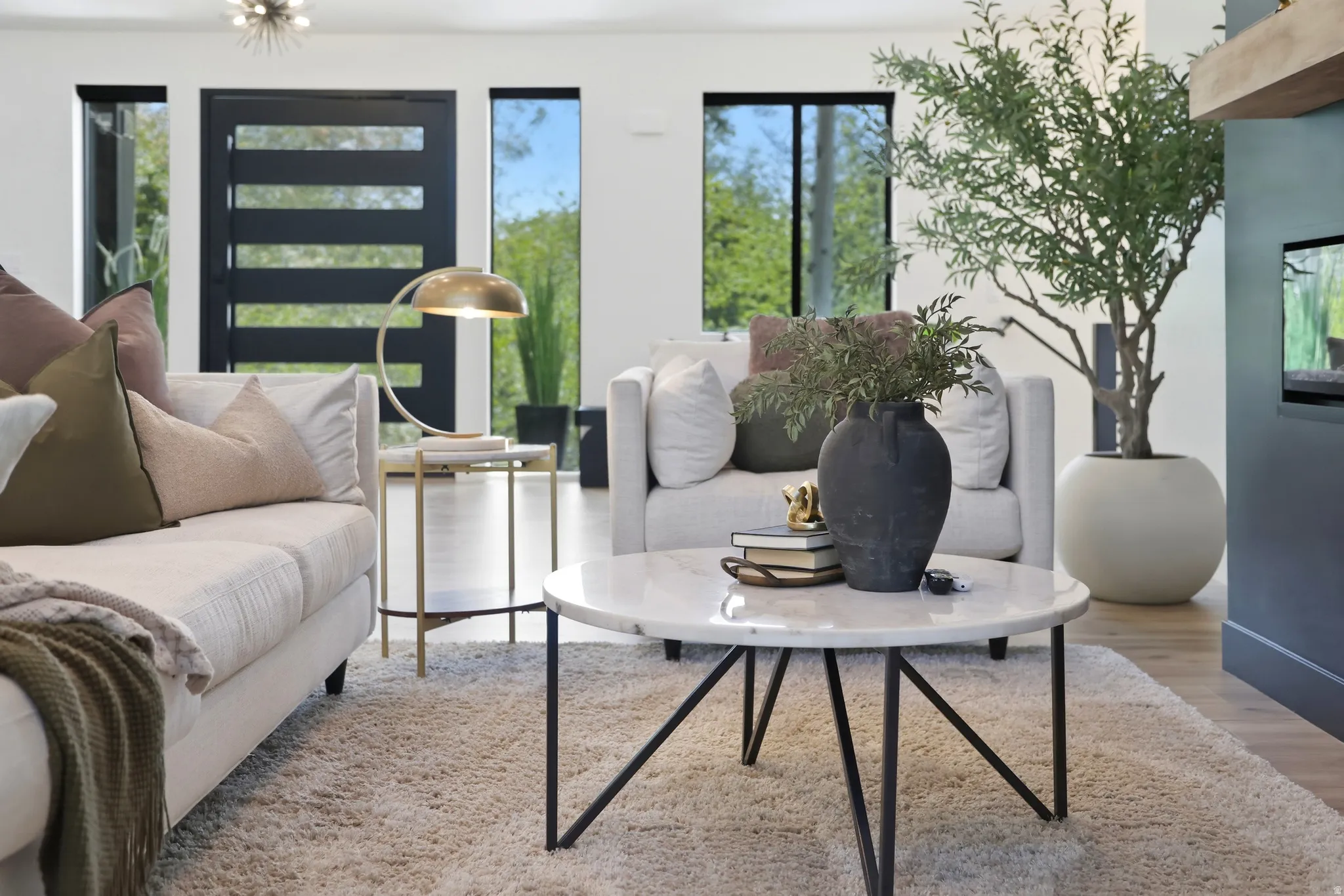 Open-concept living area featuring a modern front entry door.