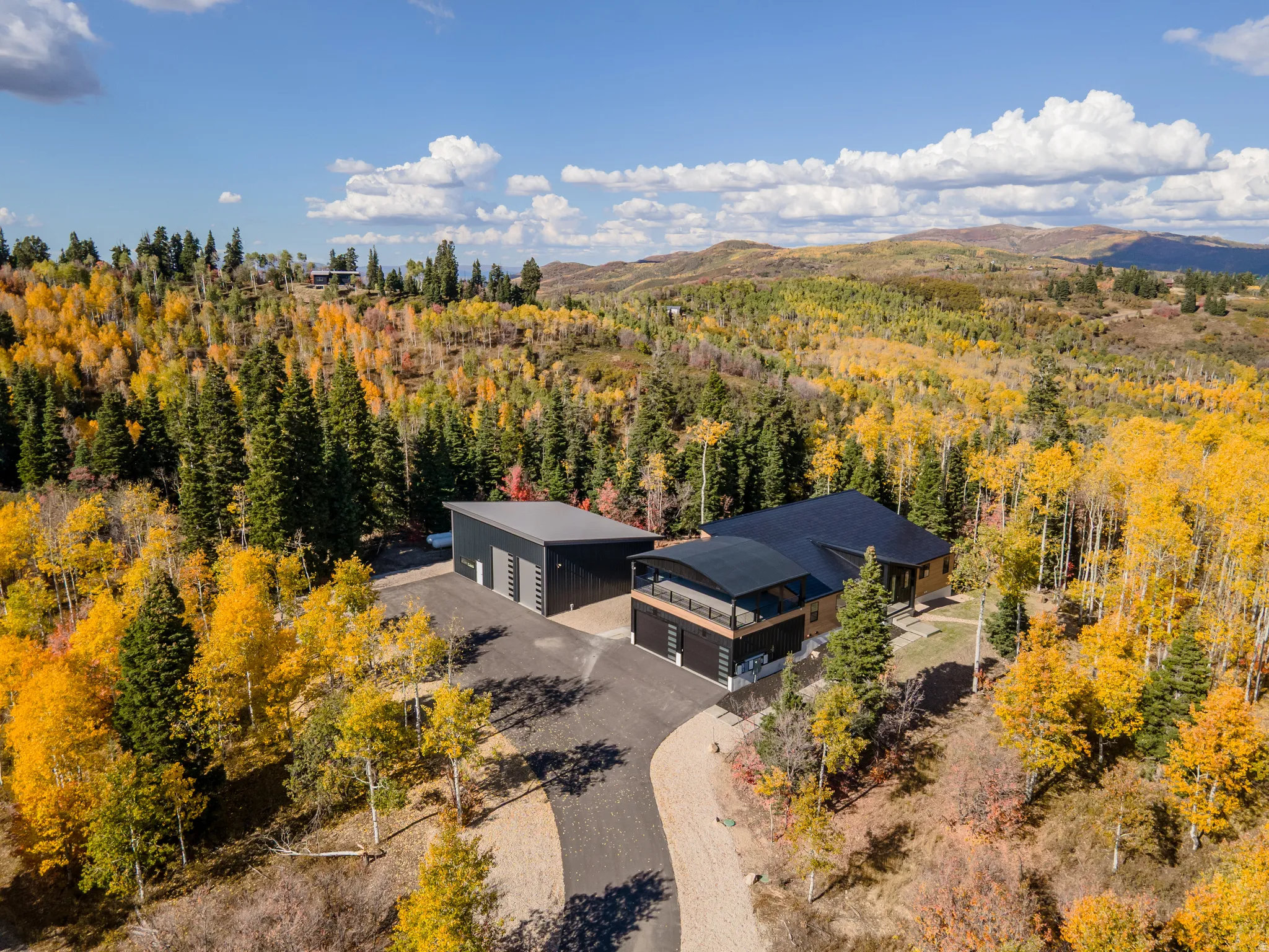 View from above of property with a mountain backdrop