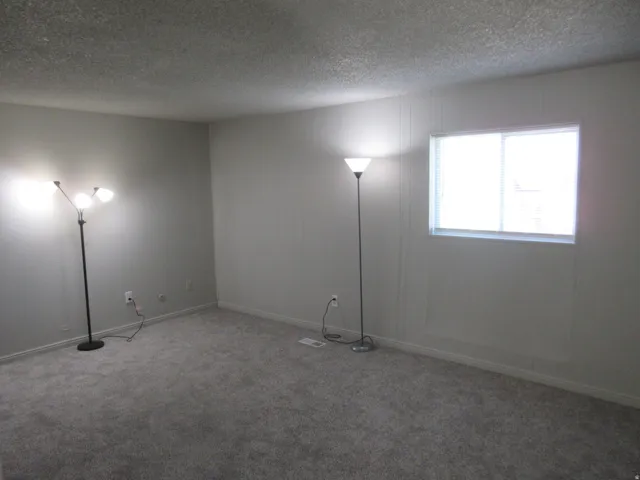 Carpeted empty room with a textured ceiling and baseboards