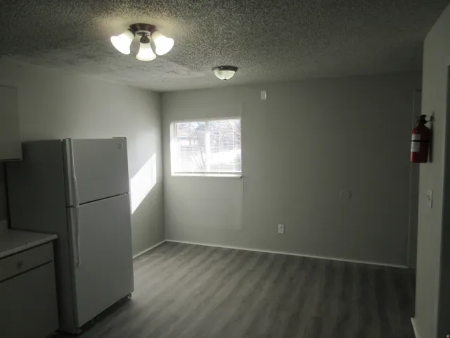 Unfurnished dining area with a textured ceiling and dark wood-type flooring