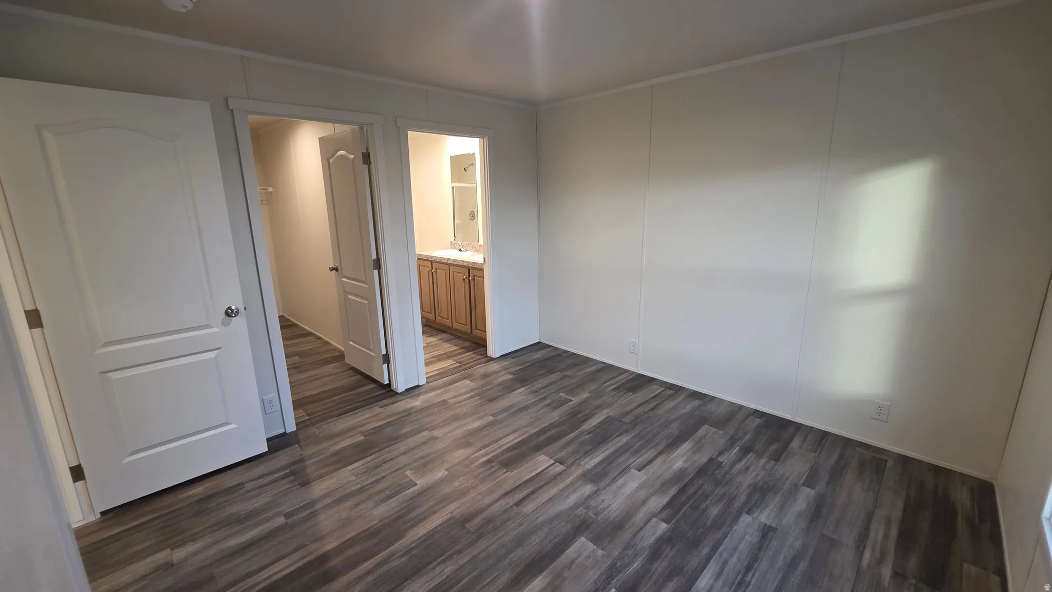 Unfurnished bedroom with a spacious closet, dark wood-style flooring, and ensuite bathroom