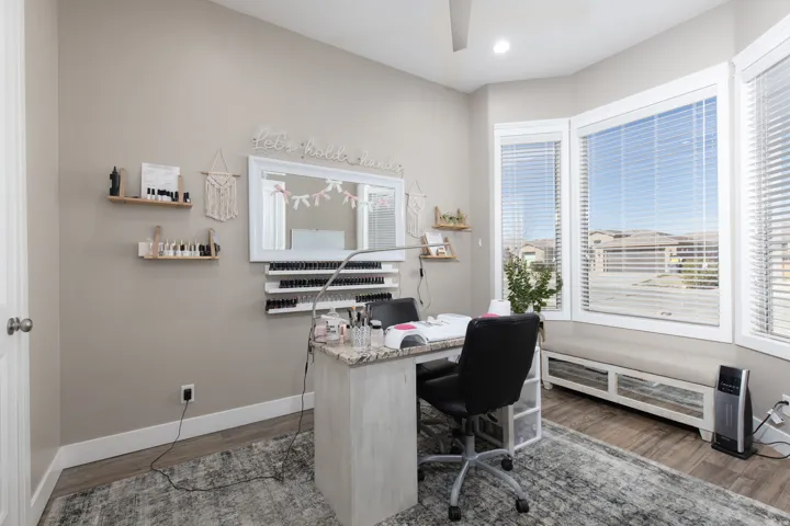 Home office featuring dark wood finished floors, recessed lighting, and ceiling fan