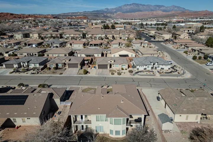 Aerial perspective of suburban area featuring mountains