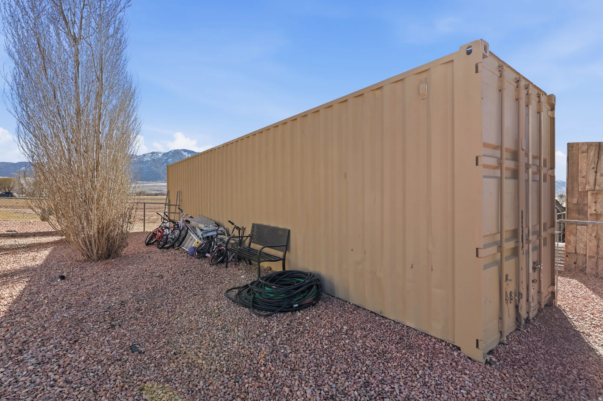 View of outbuilding featuring a mountain view