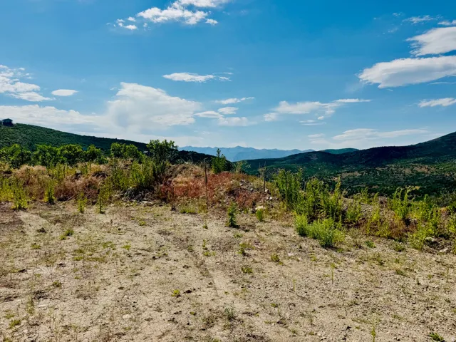 Expansive mountain landscape featuring a clear blue sky, a distant mountain range, and varied ground cover