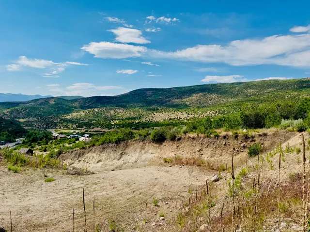 Elevated lot featuring a cleared building site, existing vegetation, and distant mountain ranges
