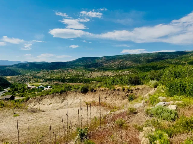 Expansive mountainous terrain with varied green foliage and distant structures