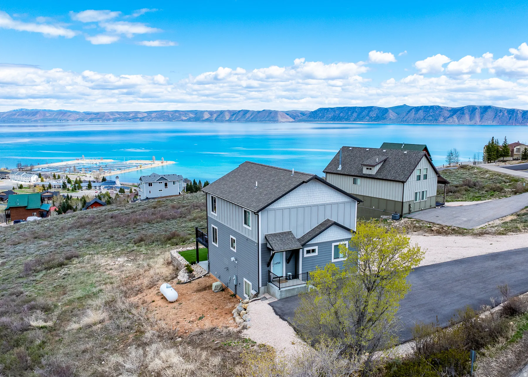 Aerial view of a water and mountain view