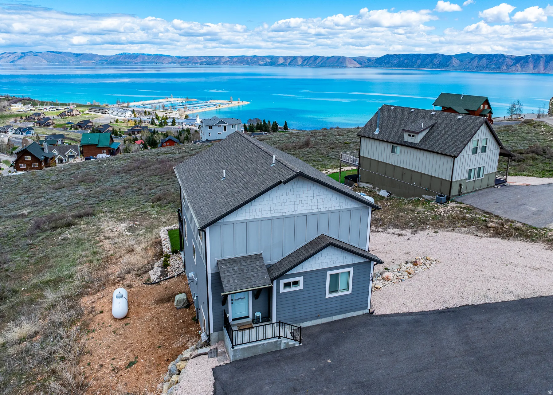 Drone / aerial view of a water and mountain view