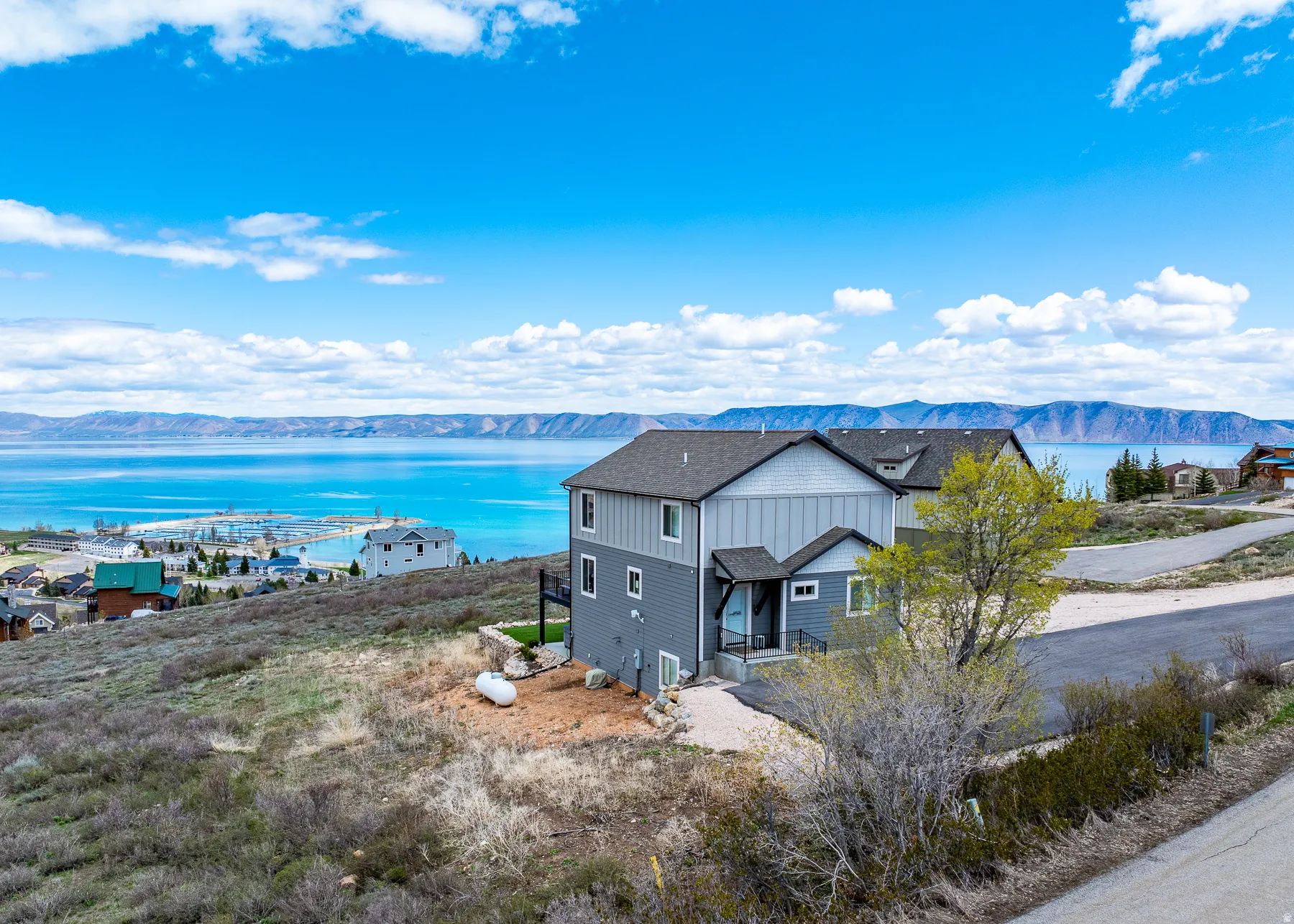 Drone / aerial view of a water and mountain view