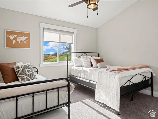 Window with exterior scenery, overhead light fixture, and carpeted flooring