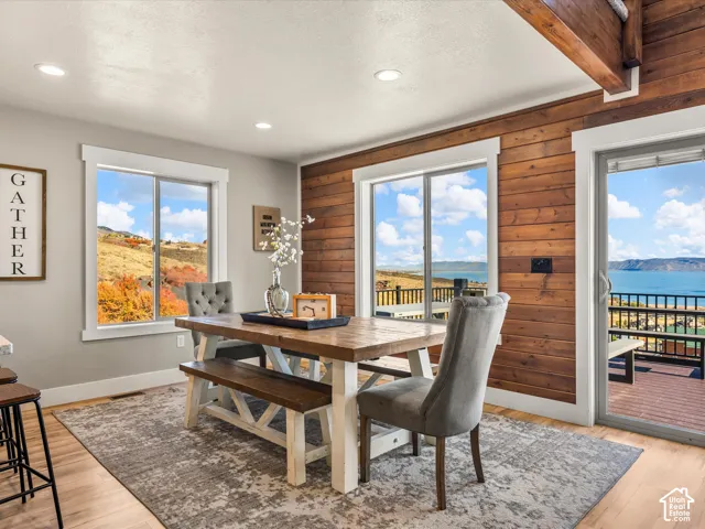 Wood-finish flooring with a textured area rug