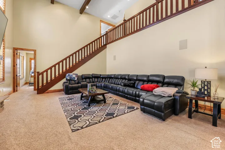 Living area with light carpet
